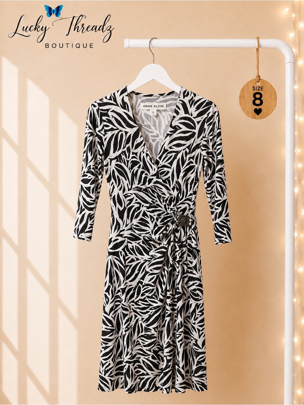 Anne Klein Black White Leaf Print Faux Wrap Midi Dress Lion Buckle Size 8